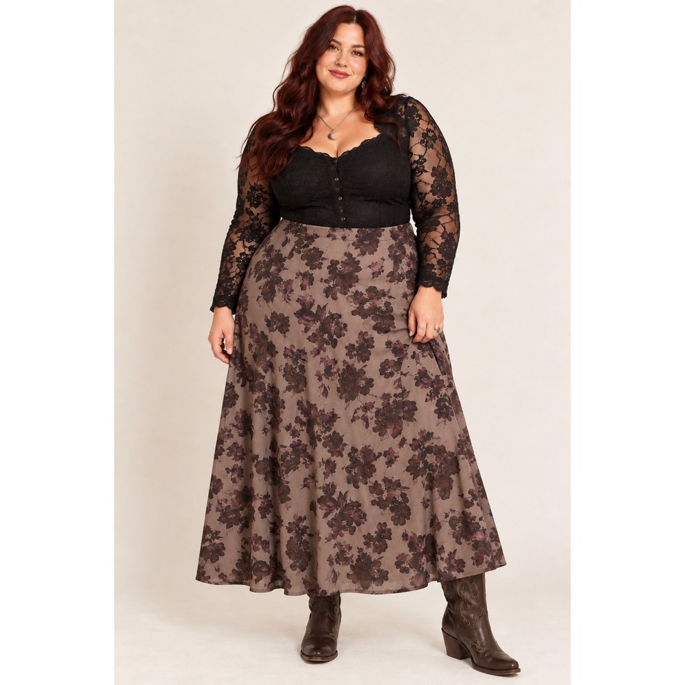Boho Western Netural Whimsigoth Chocolate Mocha Brown Floral Maxi 3X Skirt NWT
